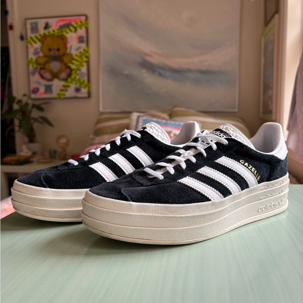 adidas Gazelle Black and White Platform Sneakers